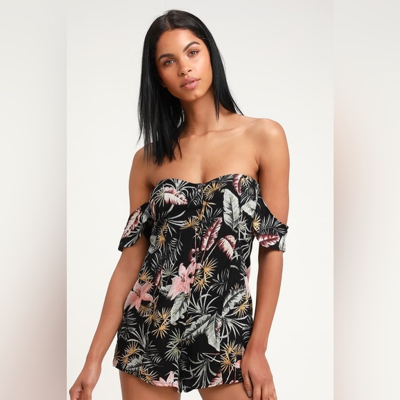 Amuse Society Libre Allover Tropical Floral Print Off-the-Shoulder Romper - XS - Picture 1 of 15